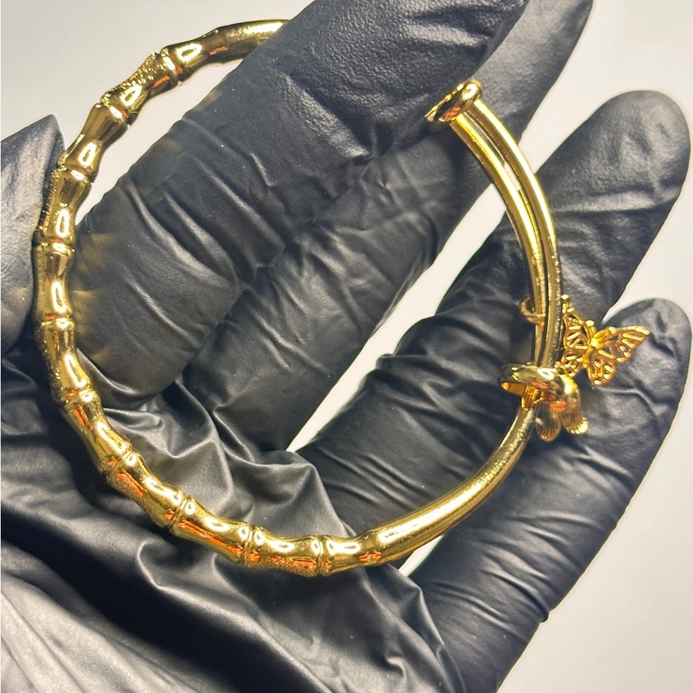 Elegant Gold Bamboo Bangle Bracelet with Butterfly and A Bell pendant